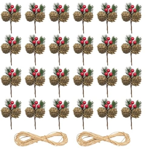 QITHGYD Adventskranz Deko, Deko Adventskranz, 26 Stück Doppelte Tannenzapfen Mit Rote Beeren Deko Weihnachten, Perfekt Für Weihnachtsbaum Schmuck, Tischdeko Und Geschenkverpackung