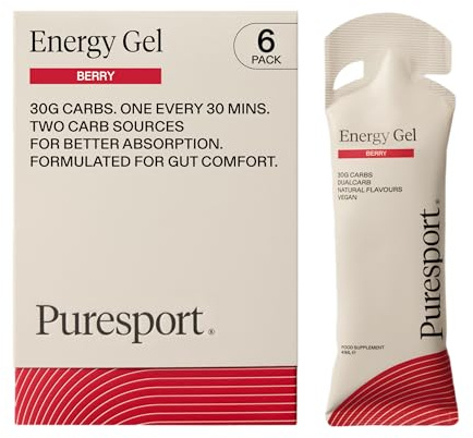 Puresport Fast-Release DualCarb Energy Gels, Berry, 6 Pack | 30g 2:1 glucose-fructose carbs for marathon, cycling & triathlon, gentle on stomach, informed sport tested