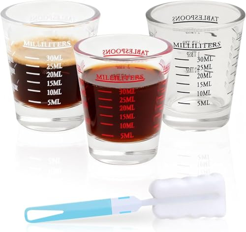 Mispudin 30ml Measuring Shot Glasses, 3 Pack Espresso Shot Glass Measure | Shot Glass Measuring Cups with Measurements, Brush, for Coffee, Cocktails, Vodka, Whiskey, Tequila, Liquor