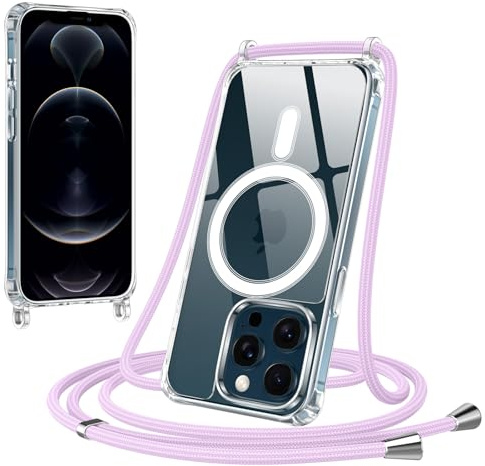 Jrkvniv Magnetica Trasparente Cover per iPhone 12 Pro Max con Cordino, Compatibile con Magsafe, Ultra Sottile Silicone TPU Antiurto Custodia con Collana Laccio rimovibile per iPhone 12 Pro Max, Viola