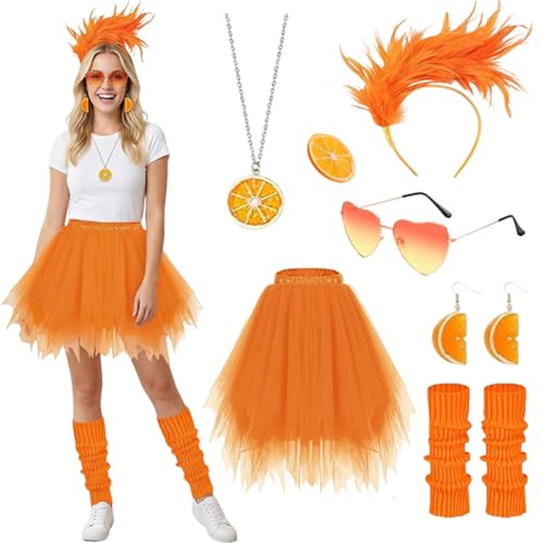 HarnyLoom Aperol Kostüm Damen AperolKostüm Apritz Orange Tüllrock Feder Stirnband Brille Halskette Ohrringe für Karneval Party Fasching JGA Sommerfeste