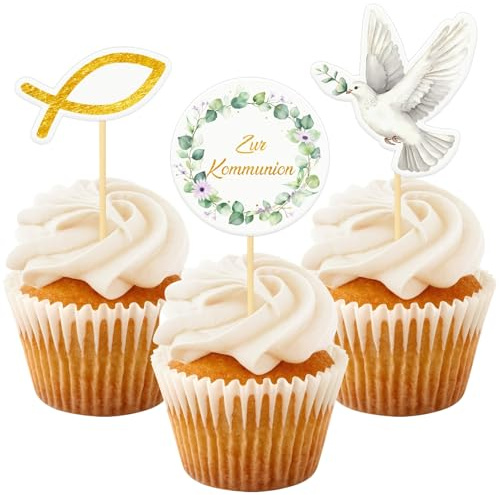 Cake Topper Kommunion, 24 Stück Taube Fisch Eukalyptus Cupcake Torte Deko, Zur Kommunion Erstkommunion Tortendeko Junge Mädchen, Personalisiert Muffin Deko Party Geschenke Kommunionkuchendekorationen