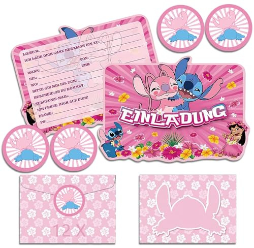 Hangsky 12x Stich Einladungskarten Kindergeburtstag Mädchen mit Umschlag Deutsch, Geburtstagseinladungen Mädchen, Cartoon Einladungskarten Geburtstag Set für Themed Party (A6) (D)