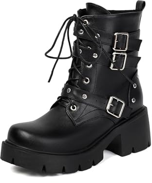TNMIUH Botas Mujer Plataforma Estilo Gótico Punk, Negro con Hebillas y Cordones, Suela Gruesa Antideslizante, Botines Militares de Tacón Cuadrado