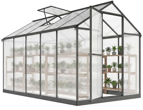 Outsunny 6'x10'x6.4' Polycarbonat-Gewächshaus begehbar, Anthrazit | Aluminium-Gewächshaus-Set, Pflanzenwachstum, Regenrinne, Dachlüftung, Garten