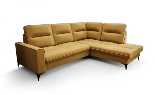O-Sofa Ecksofa Kongo RBN14, Eckcouch in L-Form mit Schlaffunktion, Farbe: Gelb, Velourstoff, Ottomane Rechts