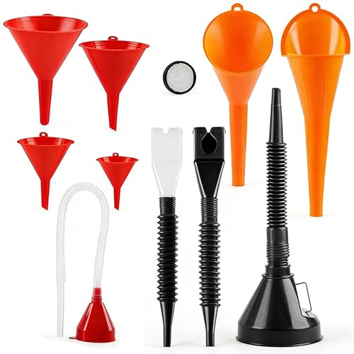 Juego de 10 embudos multifunción con manguera, juego de embudo universal para coche, con caño extraíble, embudo para refrigerante (rojo/naranja/negro, 10 unidades)
