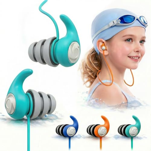 Tapones para los Oídos de Natación para Niños (4-12 Años), 3 Pares de Silicona Impermeable con Cordón Amovible, Reutilizables para Piscina, Ducha y Deportes Acuáticos