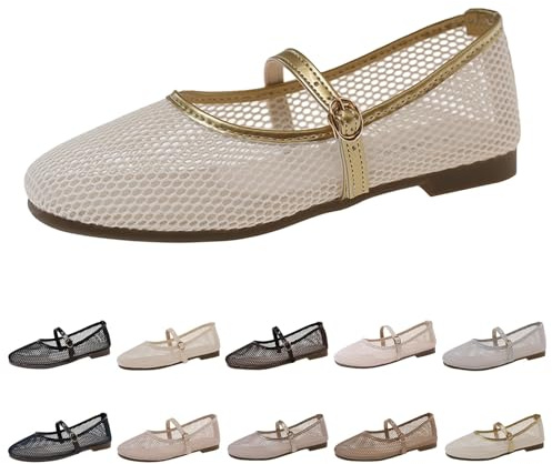 Mesh Ballet Flats for Women - Fishnet Mary Jane Shoes Casual Ballerina Flats Ladies Summer Flat Shoes Wide Width Casual Summer Daily Dress Flat Mary Janes