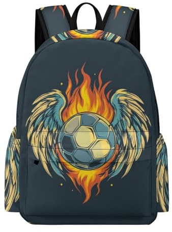 Schulrucksack Jungen Feuer Fußball Schulranzen für 1. - 5. Klasse, Rucksack Schule Mädchen 6 8 11 Jahre Schultasche Lässiger mit Flügel Fußball für Schulstart Reisen