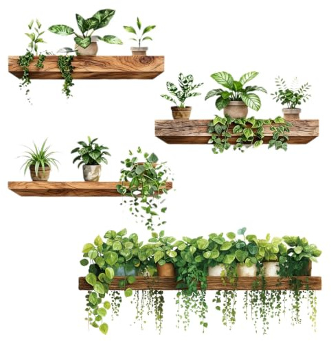 2er Set Wandtattoo Küche Set, Selbstklebende 3D Botanische Wandsticker | Vinyl, Wandaufkleber mit Regal Hängepflanzen für Wohnzimmer Schlafzimmer Grün Pflanzen Dschungel Wanddekoration