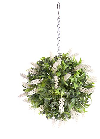 Best Artificial White Ivory Lavender Flower Ball Lush Long Leaf Topiary Grass **UV Fade Protected** (24cm)