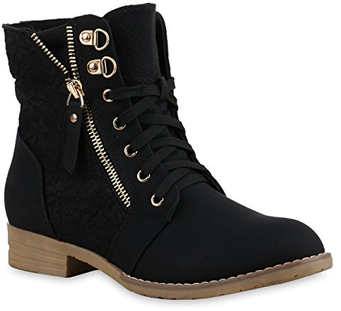 Stylische Damen Stiefeletten Worker Boots Knöchelhohe Stiefel Gesteppt Damen Leder-Optik Zipper Ketten Schuhe 134629 Schwarz 41 Flandell
