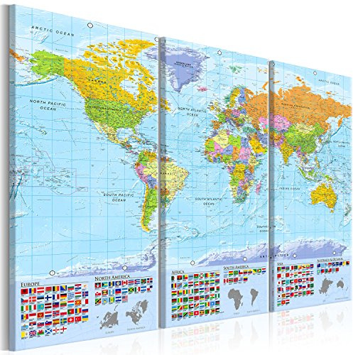 B&D XXL englische Weltkarte Pinnwand & Vlies Leinwand Bild 90x60 cm XXL Bilder mit Kork Rückwand Korktafel Kunstdruck Wandbilder Lernkarte Reise Landkarte k-A-0204-p-e