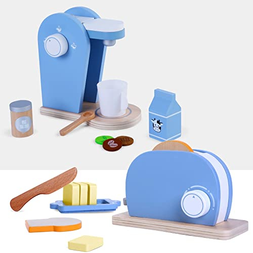 TikTakToo Frühstücksset Kinder Kaffeemaschine Toaster Spielset aus Holz mit viel Zubehör passend zu Allen Kinderspielküchen Kinderküchen Spielzeug (Kaffeemaschine & Toaster mit Zubehör)