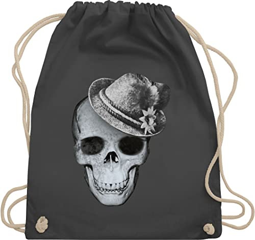 Turnbeutel Rucksack - Kompatibel Oktoberfest Tasche - Totenkopf mit Filzhut - Unisize - Dunkelgrau - oktoberfest-tasche trachtenrucksack bayrische skull umhängebeutel trachtentaschen bayrisch