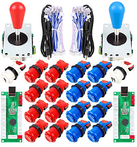 EG STARTS 2 Piezas de Arcade Joystick para Bricolaje codificador USB + 2X Ellipse Oval Joystick Handle 18x Botones Estilo Americano Arcade para PC, MAME, Raspberry Pi, Sistema Windows (Rojo & Azul)