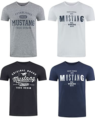MUSTANG Tshirt Herren Baumwolle Regular Fit 4er Pack Set Rundhals Kurzarm Sommer Tee Shirt Logoprint, Größe:S, Farbe:Farbmix (P15)