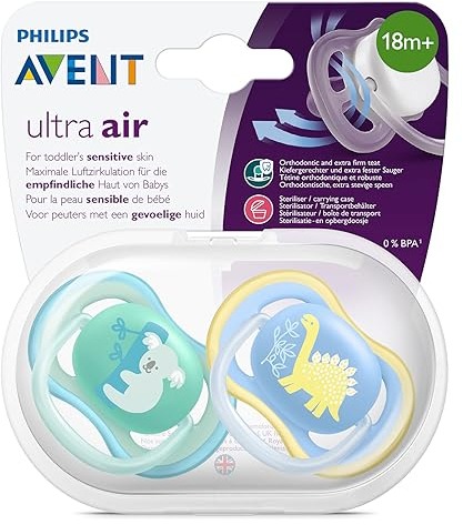 Philips AVENT ultra air Schnuller - 2er Pack, BPA-freier, atmungsaktiver Schnuller für Babys ab 18 Monaten, inklusive Transport- und Sterilisationsbox, Koala/Dino (Modell SCF349/11)