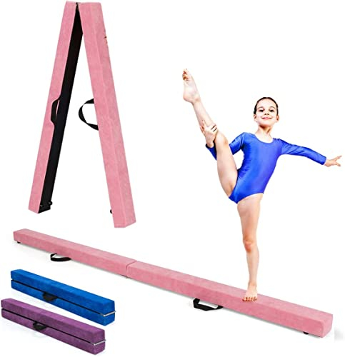 RELAX4LIFE Schwebebalken Kinder 210cm, Balancierbalken zusammenfaltbar, Balance Beam Klappgymnastik mit Rutschfester Basis, Übungsbalken mit Einbauscharniere & Schaumstoff(Rosa)