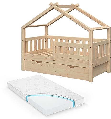 VitaliSpa Hausbett 70x140 cm Design mit Schublade und Matratze - Braun 148x128x77 cm gefertigt aus Holz - Bett für Schlaf- und Spielbett für Kinderzimmer, mit Rausfallschutz für mehr Sicherheit