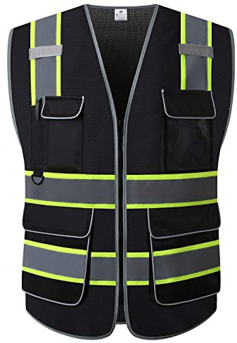 UNINOVA Warnweste mit mehreren Taschen, reflektierendes Netzgewebe, atmungsaktiv, Arbeitskleidung, ANSI/ISEA-Standards (Medium, schwarzes Mesh-02)