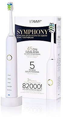 VITAMMY Symphony White Schallzahnbürste | 45 Tage pro Ladung | Weiß | 5 Bürstenmodi | Bis zu 82.000 Bewegungen/min | USB Induktionsladegerät