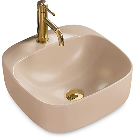 Rea Waschbecken Waschtisch Aufsatzwaschbecken Keramik Handwaschbecken Aufsatz Waschschale Beige Matt 42x42