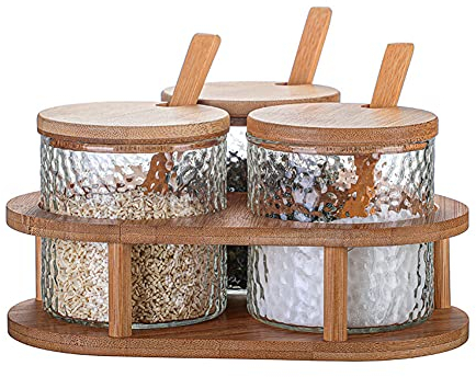 MEETOZ Condiment Container Seasoning Box Set, with Wooden Spoon Lid and Base, Salt Sugar Spice Pepper Condiment Container Jar Set of 3 - Triangle
