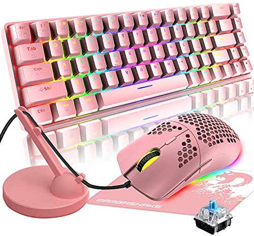 60% Mini 68 Key RGB Backlit Wired USB C Gaming Mechanical Blue Switch Keyboard + Rainbow Backlight 6400 DPI Mouse + Bungee Cable Cord Management Fixer Holder + Mouse Pad For ESports, Game, Office