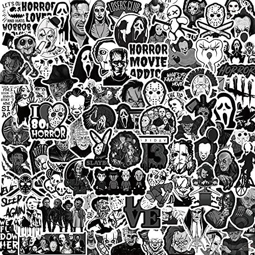 Aufkleber 100 Stück, Horror Film Charaktere Aufkleber, Graffiti Wasserfeste Vinyl schwarz & weiß Horror Sticker für Laptop, Koffer, Halloween, Wand Deko