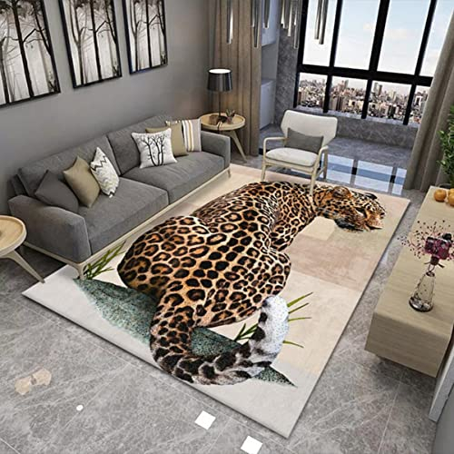 Teppich mit 3D-Tier Junge Mädchen Schlafzimmer Flanell Rug für Wohnzimmer Moderne Rutschfeste Bodenmatte Kinder Baby Spielunterlage,Löwe Tiger Flamingo Gepard Wolf Druck (Leopard,140x180 cm)