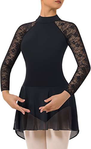 BAKPH Women's Turtleneck Dance Leotard With Skirt Adult Lace Long Sleeve Ballet Dress