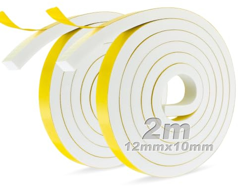 Junta de puerta de 2 rollos de 12 mm x 10 mm x 2 m (L) Junta aislante de espuma de goma para ventanas, puertas, espuma autoadhesiva anticolisión, aislamiento acústico