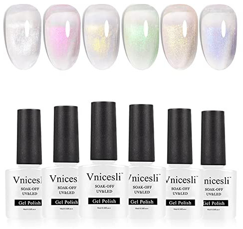 Vnicesli UV Nail Polish Gel Polish Pack of 6 Translucent Gel Nail Polish Set Shimmer Milky White Pink Purple Yellow Blue Glitter UV Lacquer Classic Pastel Colours