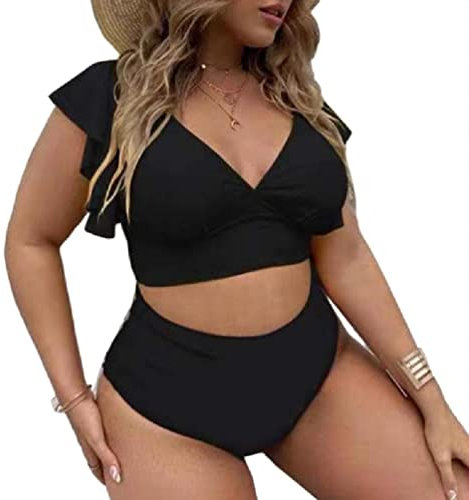 Womens Big Size 2 Piece Solid Color Bikini Set Padded Ruffle Flutter Sleeve Top and High Waisted Bottom Bathing Suit women bathing suits two piece high waisted