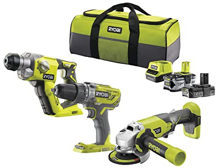 RYOBI 18V ONE+ Combo-Kit: Akku-Schlagschrauber, Bohrhammer, Winkelschleifer, Werkzeugtasche, Ladegerät + 2 Akkus | ONE+ Serie | 3er Set | leistungsstarke Akkutechnologie