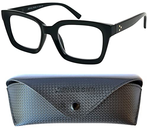 Vintage Lesebrille Dicker Rahmen Quadratisch und großen Gläsern, Gratis Etui, Oversize Kunststoff Brillengestell mit Federscharnier, Lesehilfe Damen +1.5 Dioptrien