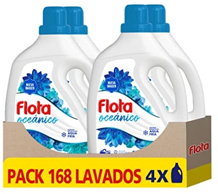 FLOTA | Detergente Líquido Quitamanchas incluso en Agua Fría para Lavadora | Ropa Blanca y de Color | Fragancia Oceánico | Pack de 4 x 42 Lavados = 168 Lavados