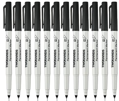TWOHANDS Permanent Marker Set, 12 Schwarz Marker Stifte mit 0,5mm Ultrafeine Spitze, Wasserfest, Schnell-trocknend, Wischfest, für Karton, Kunststoff, Glas, Holz, Metall, 21618