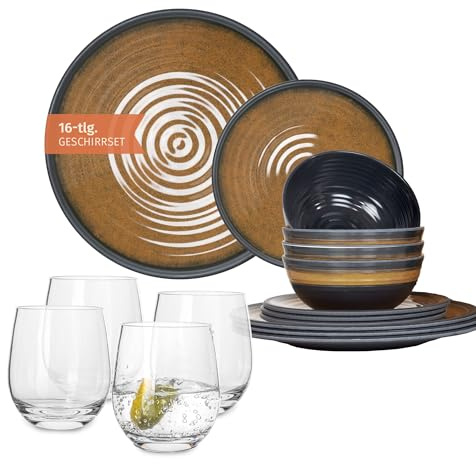 Vaisselle de camping en mélamine pour 4 personnes Stone Curry + 4 verres à eau Tiamo Vaisselle de table Pique-nique BBQ Batterie de cuisine