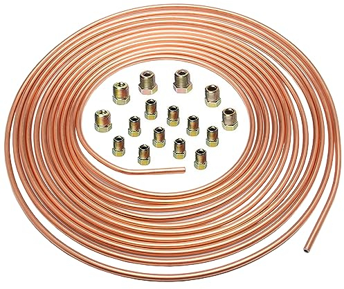 MOCNT 4,75mm Auto Kupfer Bremsleitung 3/16 Zoll Bremsleitung mit Kupferbeschichtung Kupfer Bremsleitungsschlauch Bremsrohr Auto Ersatz Bremsleitungssatz Länge 7,6m mit 16 Muttern