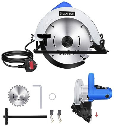 230V 1000W Handkreissäge - Kreissäge für Holz (Kupfermotor + Aluminium Gehäuse, Max. Schnitttiefe 55mm/45°, 185mm Sägeblatt-Ø, 5000 U/min Leerlaufdrehzahl, mit einfachwirkendem Hebel & Sägeblatt)
