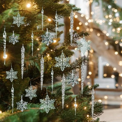Eiszapfen Weihnachtsbaum 36 Stück, Weihnachten Schneeflocke Eiszapfen Deko Anhänger, Christbaumschmuck Acryl Eiszapfen für Weihnachten Party Hause Dekoration