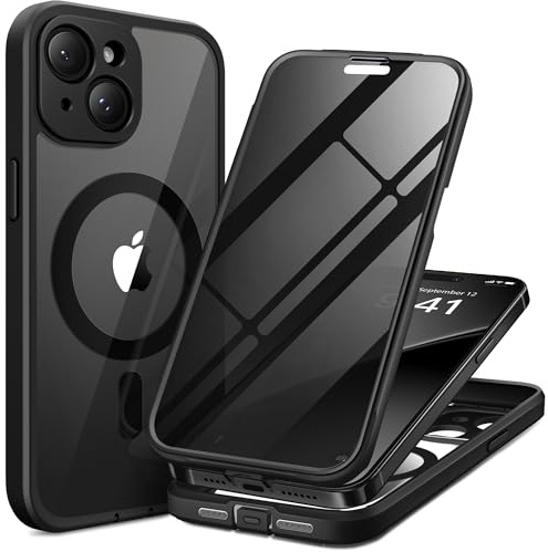 TIESZEN for iPhone 15 Case, Compatible with MagSafe, Black | Built-in Privacy Screen Protector, Full Camera Protection,Full Body Dustproof Shockproof Hard Magnetic Phone Case 6.1