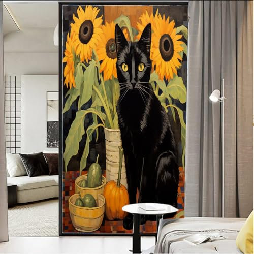 AEMYSKA Retro Rustikale Katze Buntglas Fensterfolie Abstrakt Schwarz Tier Sonnenblume Fenster Sichtschutzfolie Nicht Klebende Glasfolie Dekorative Statische Frischhaltefolie für Home Office 70 * 100CM