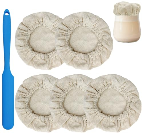 YuCool Kit de pot de levain en tissu réutilisable, couvercle de fermentation du pain, chiffon de démarrage pour levain de levain, lot de 5 couvercles en tissu et 1 grattoir