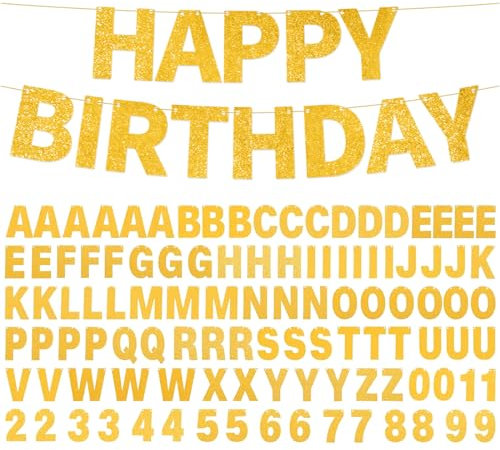 Banner Selbst Gestalten, DIY Girlande Gold, 107 Buchstaben Zahlen, Happy Birthday Banner, Personalisiert für Geburtstag Hochzeit Party Dekoration