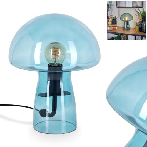 HOFSTEIN Tischleuchte Almagre, Tischlampe aus Metall/Glas in Schwarz/Blau, Leuchte im modernen Vintage/Retro-Design mit Schirm aus Glas (Ø 18cm) u. An/-Auschalter am Kabel, 1 x E14, ohne Leuchtmittel