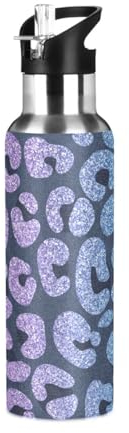Bouteille d'eau avec paille anti-fuite - Motif léopard bleu violet - Bouteille isotherme pour filles et garçons - 600 ml